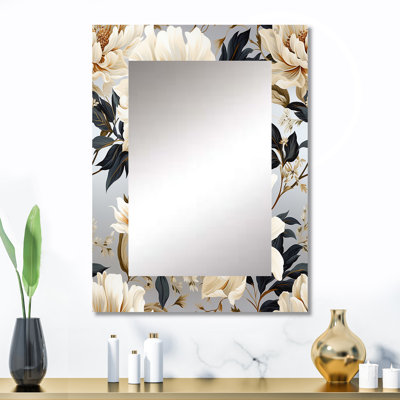 Otwell Beige Soft Neutrals Peonies Elegance - Floral Unique Mirror, Cottage Large Wall Mirror, Printed Metal Art
