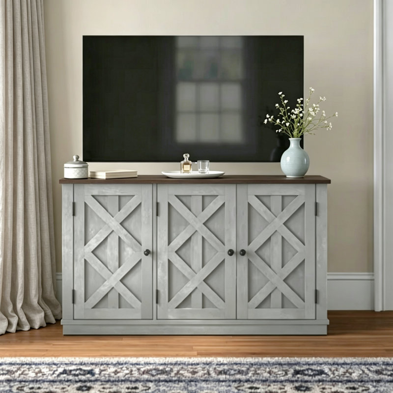 Barboza Farmhouse TV Stand for TVs up to 55", Rustic Media Console with 3 Cabinets , Saw Cut-off White