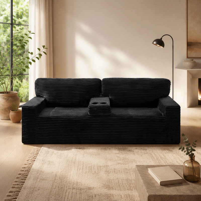 Canapé à compression 91,7 po sans pattes, velours côtelé moelleux avec porte-gobelets intégrés et poche de rangement latérale pour le salon