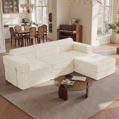 Sisler 4 Piece 106" Oversized Sleeper Modular L Shape Corduroy Upholstered Compression Sectional Sofa, No Assembly Required, with Storage Pockets
