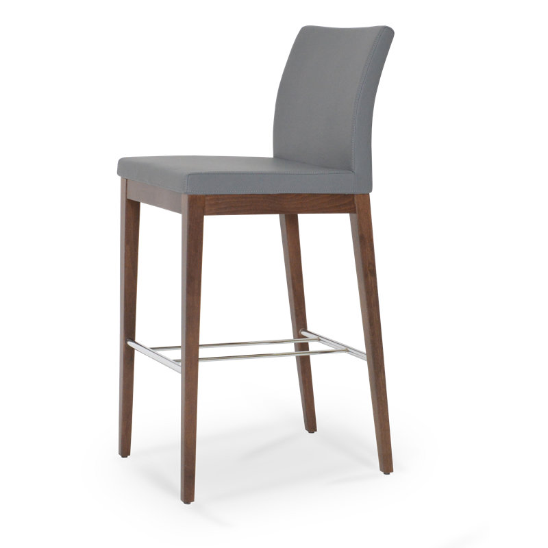 Tabouret de bar Aria, Noyer, Similicuir gris en microfibres de polyester et de 