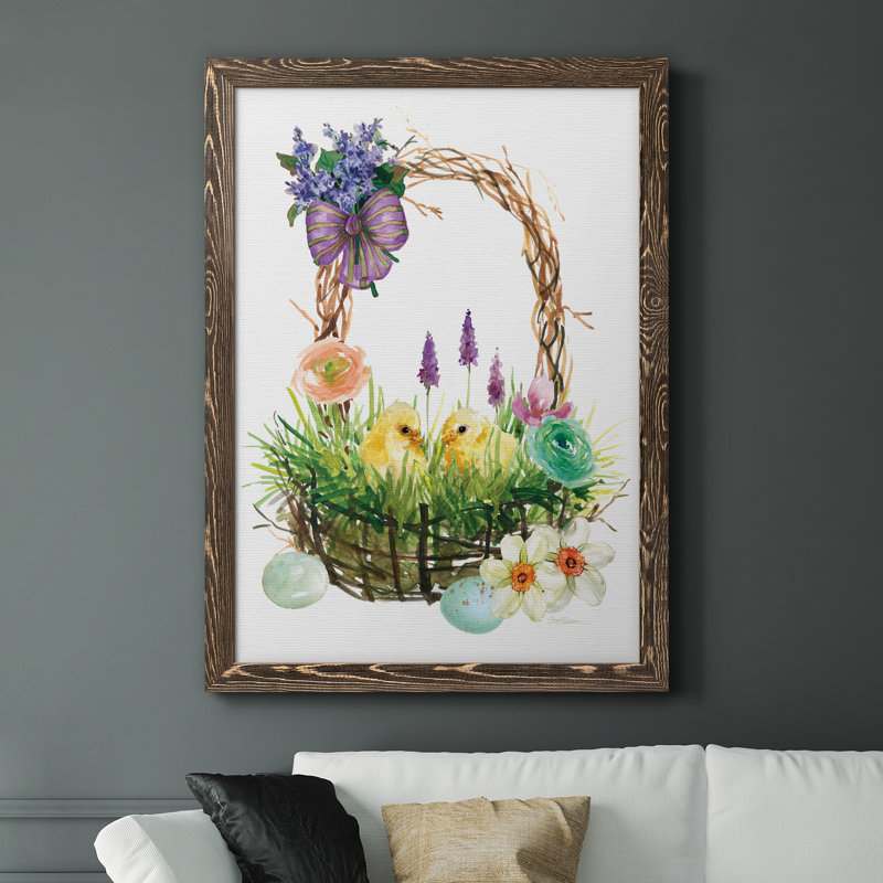 «Spring Chick Basket» - Peinture sur toile encadrée, Encadré de bois de noyer, H 37,5 po x l 27,5 po x P 1,5 po