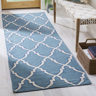 Tapis en laine / coton tissé à la main à plat Rodgers en ivoire / bleu clair