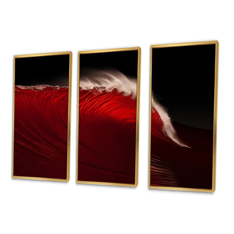 Minimalisme noir, vague rouge, paysage, ensemble d'art mural côtier, Cadre flottant doré, H 28 po x l 36 po x P 1 po