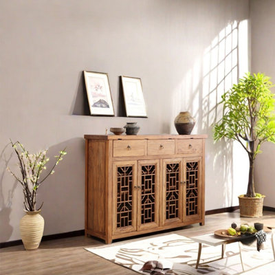 Elegant Elm Wood Sideboard with Carved Details