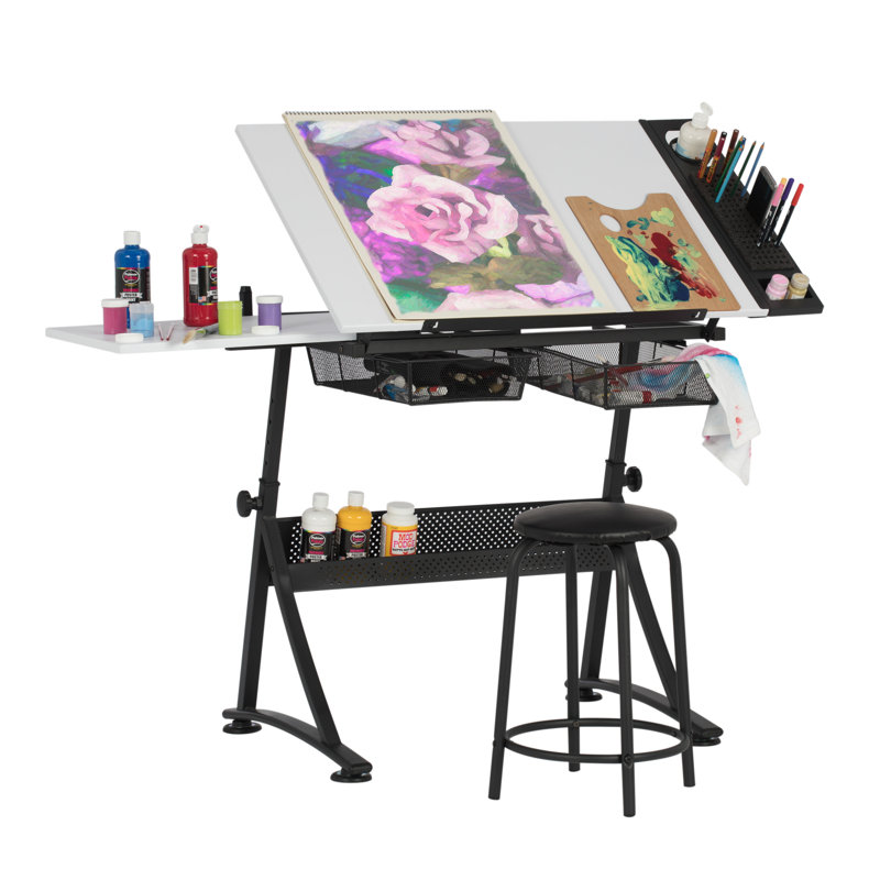 Adjustable White Metal Drafting Table with Storage Drawers