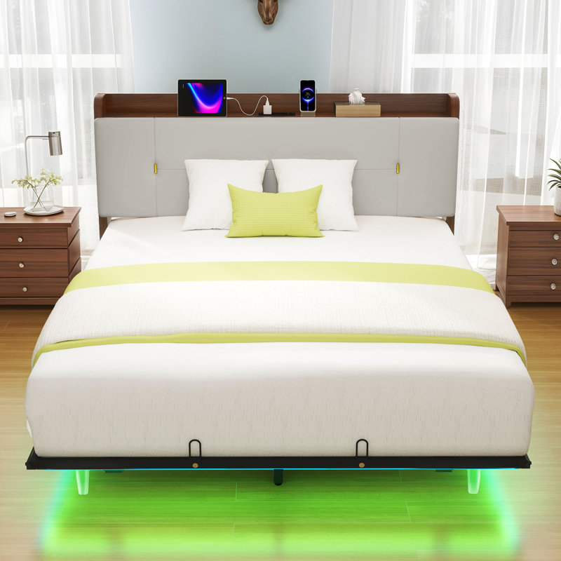 Upholstered Platform Storage Bed with LED Lights, Grey, Queen