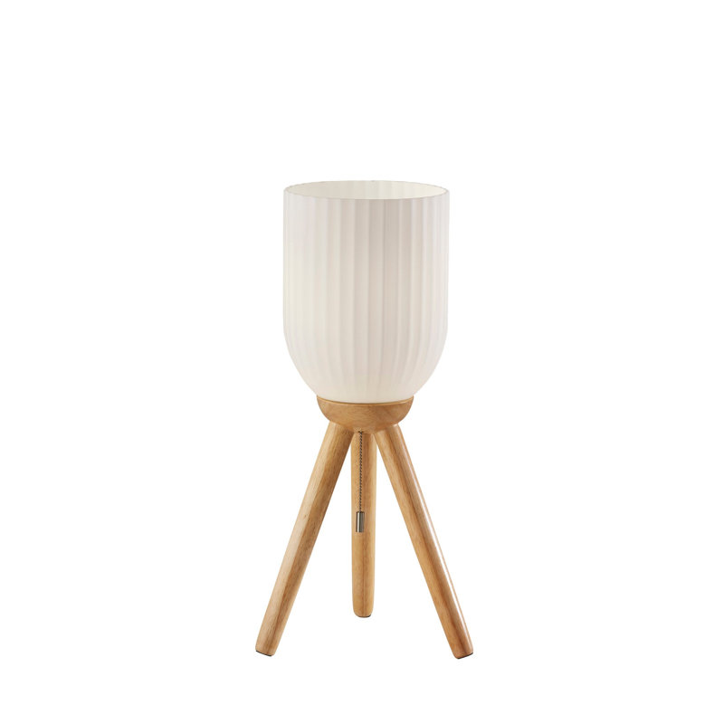 Lampe de table à trépied en bois massif naturel 23 po avec abat-jour en verre nervuré blanc