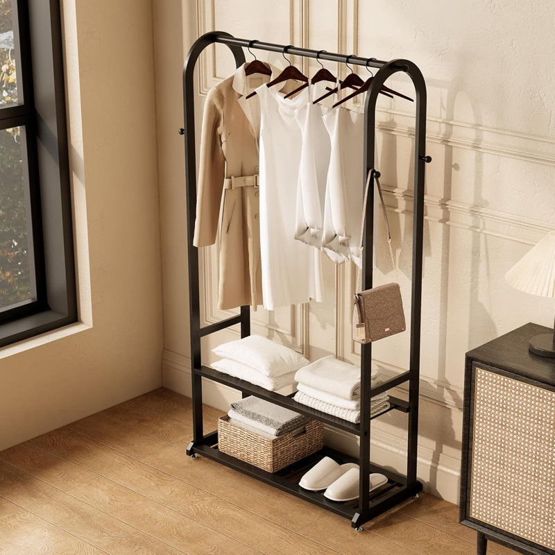 Black Heavy Duty Metal Garment Rack with Shelves and Hooks