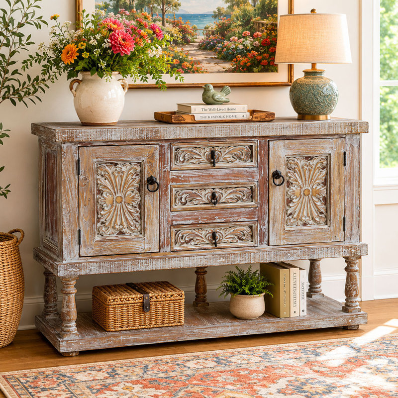 Canyon Bloom Hand-Carved 3-Drawer Console Cabinet