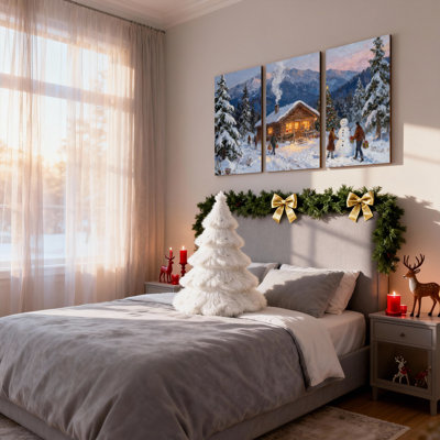 «Christmas Winter Cabin Snowy Mountains People Snowman», ensemble de 3 impressions sur toile