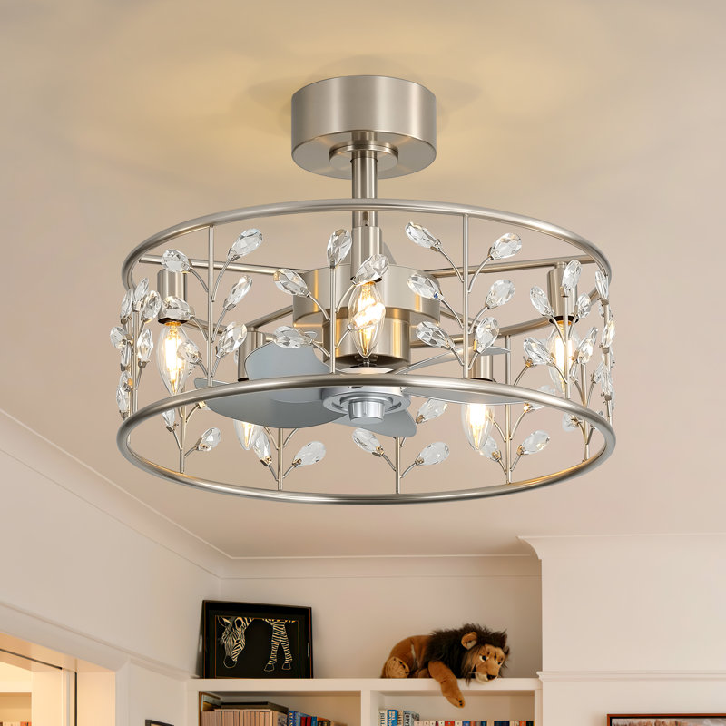 Ventilateur de plafond en cristal 20 po avec éclairage et télécommande Heleena, Nickel satiné et pales grises