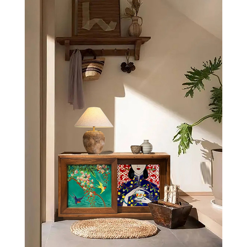 Oriental Solid Wood Hand-Painted Ceramic Shoe Bench