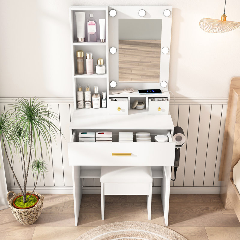 Table de coiffeuse avec miroir, lumières à DEL, prise de courant et support pour sèche-cheveux - Mobilier de chambre à coucher blanc Tiroirs peu encombrants Éclairage à trois modes réglables de style américain pour un rangement facile