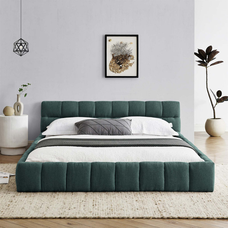 Structure de lit grand format en tissu chenille épais, sans sommier, design moderne et robuste, Vert