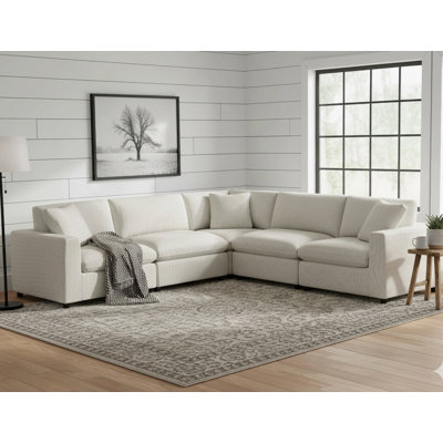 Modular 5-Piece Sectional With Plush Fabric And Removable Covers, Perfect For Family And Pet-Friendly Comfort