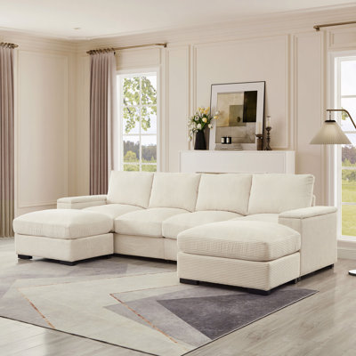 Sectional Sofa Deep Seat Sofa Couch With Ottomans, Corduroy Sofa Sleeper Comfy Upholstered Furniture For Living Room, Apartment, Office (4-Seat & 2-Ottoman)