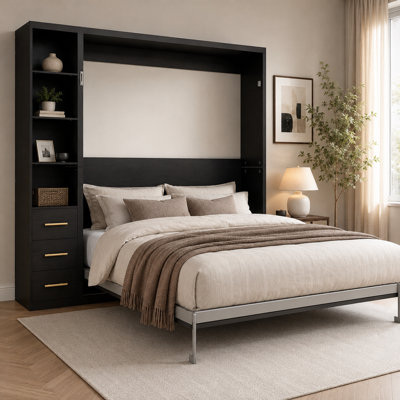 Grand lit escamotable Silveira avec tablettes et tiroirs de rangement, cadre de lit mural pliable avec pieds automatiques, lit en métal peu encombrant pour chambre à coucher, appartement, bureau à domicile, capacité de 1102 lb