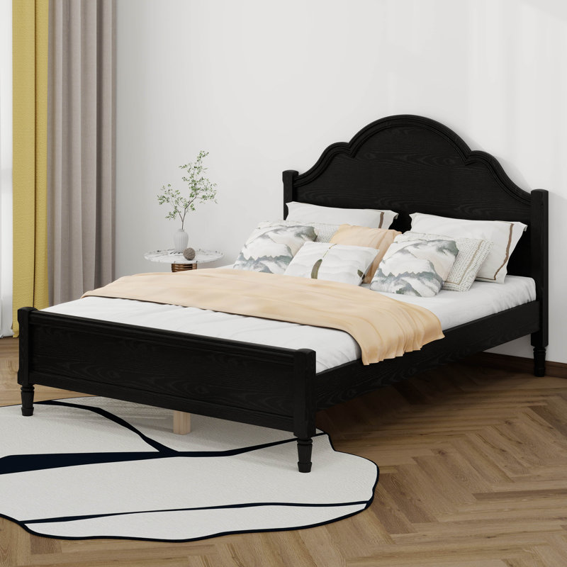 Lit plateforme avec tête et pied de lit, lit en bois de style Mid-Century moderne, aucun sommier nécessaire, Queen, Black