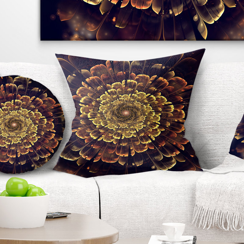 Fleur fractale parfaite en brun et or - coussin à imprimé floral, 16 po x 1 po, Coussin décoratif