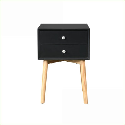 Table de chevet Mid-Century moderne noire avec 2 tiroirs Pieds en bois d'hévéa