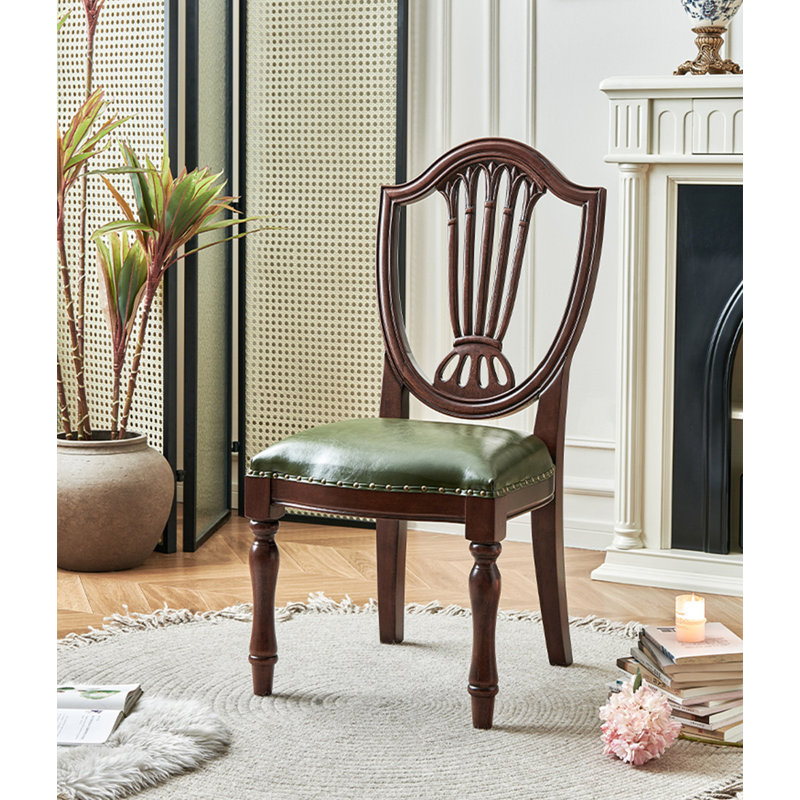 Chaise de salle à manger avec revêtement américain antique en bois massif et cuir