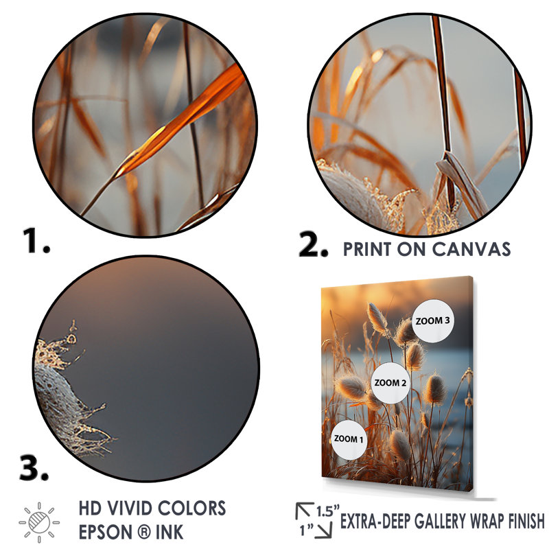 «Beachgrass Sunset Nature Herbs I», reproduction d'art sur toile, H 40 po x l 30 po x P 1,5 po, Cadre doré simple