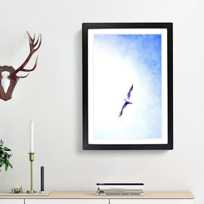 Flying Seagull Abstract - Picture Frame Painting Print, 33cm H x 24cm W x 2cm D, Black Framed