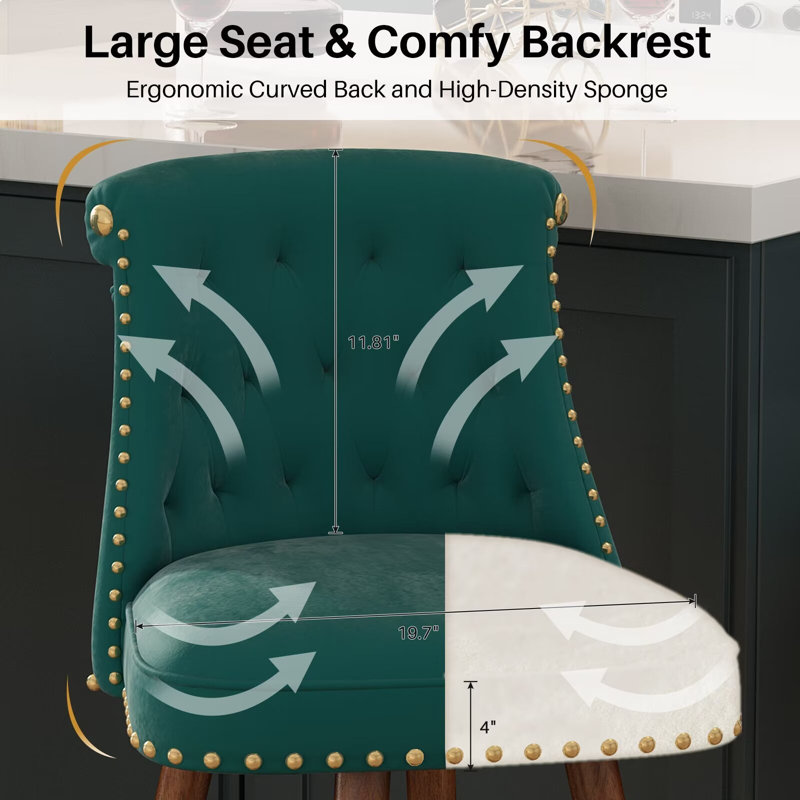 Green Velvet Upholstered Swivel Counter Stools with Wood Legs, 24" Set of 2