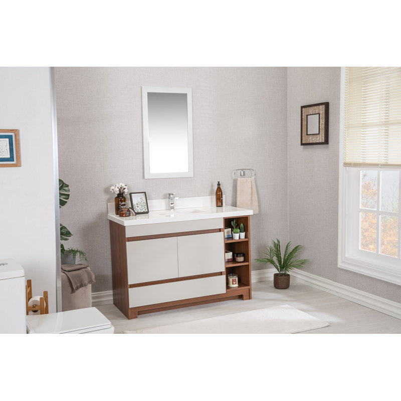 Ensemble de meuble-lavabo simple 47,2 po avec miroir Kylahni, Noyer / Blanc