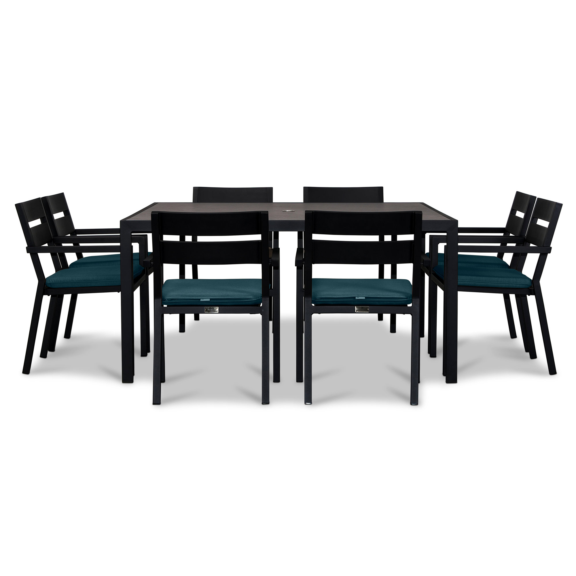 Vivant Square 8 - Person Outdoor Dining Set with Cushions, Cast Lagoon Sunbrella® Plainweave, Black