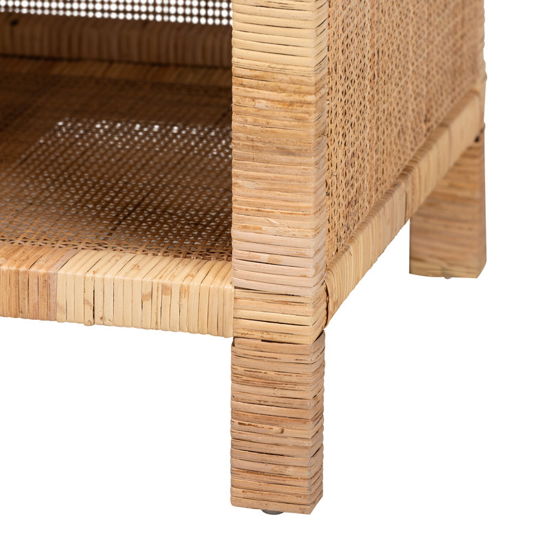 Bella Natural Brown Mahogany Wood and Rattan 1-Drawer Console Table