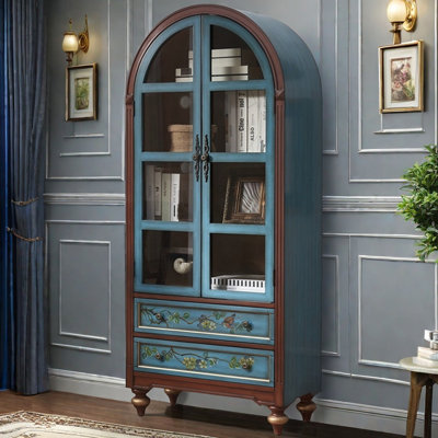 Retro Glass Door Painting Wooden Bookcase