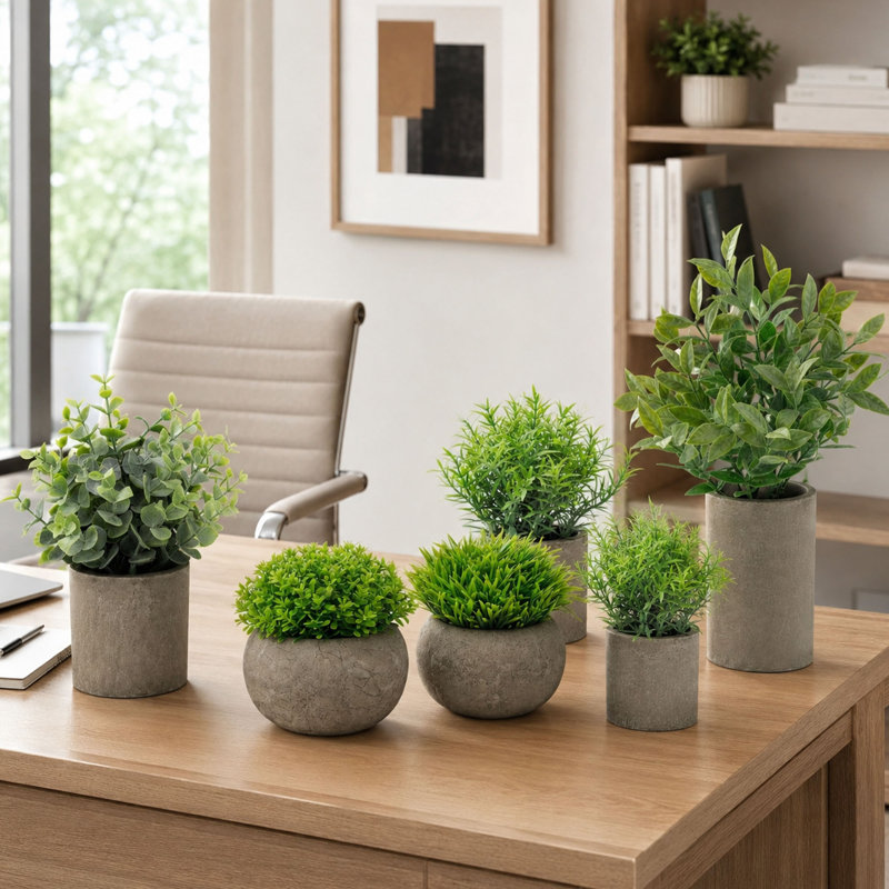 Petites plantes artificielles en pot avec pots de ciment