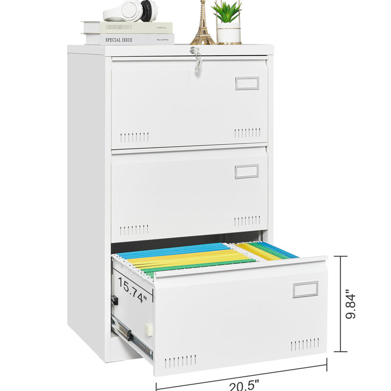 Classeur à 3 tiroirs, métal avec serrure, capacité de rangement accrue, glissière silencieuse, Blanc