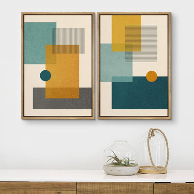 Abstrait, blocs de couleurs vibrantes, sarcelle et jaune, formes abstraites, moderne et chic sur toile, 2 pièces