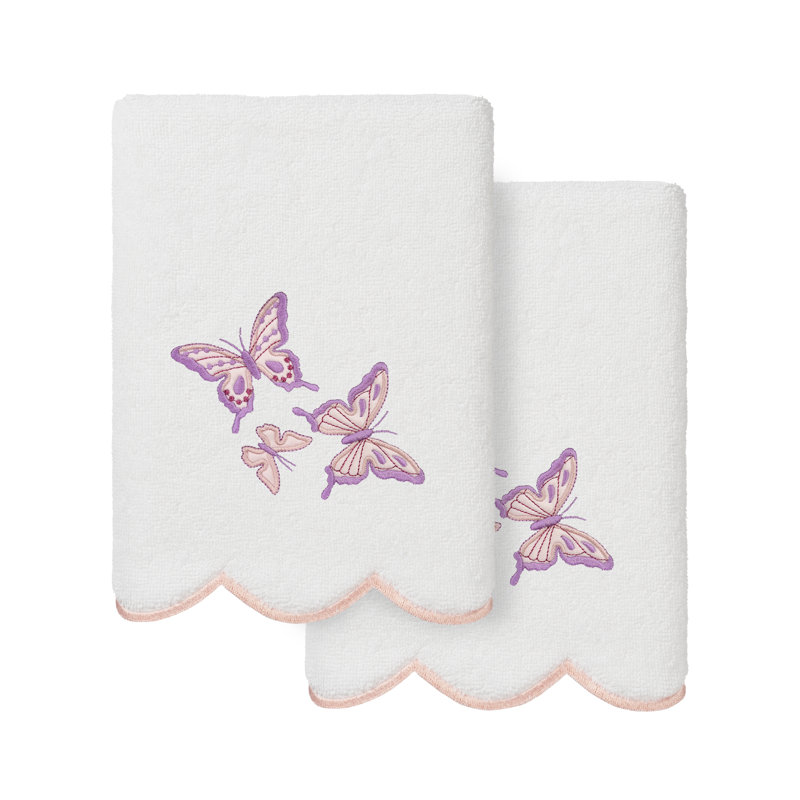  100% Turkish Cotton Britney Scallop 2PC Embellished Bath Towel Set, White/Pink, Bath Towels - 2 Pack
