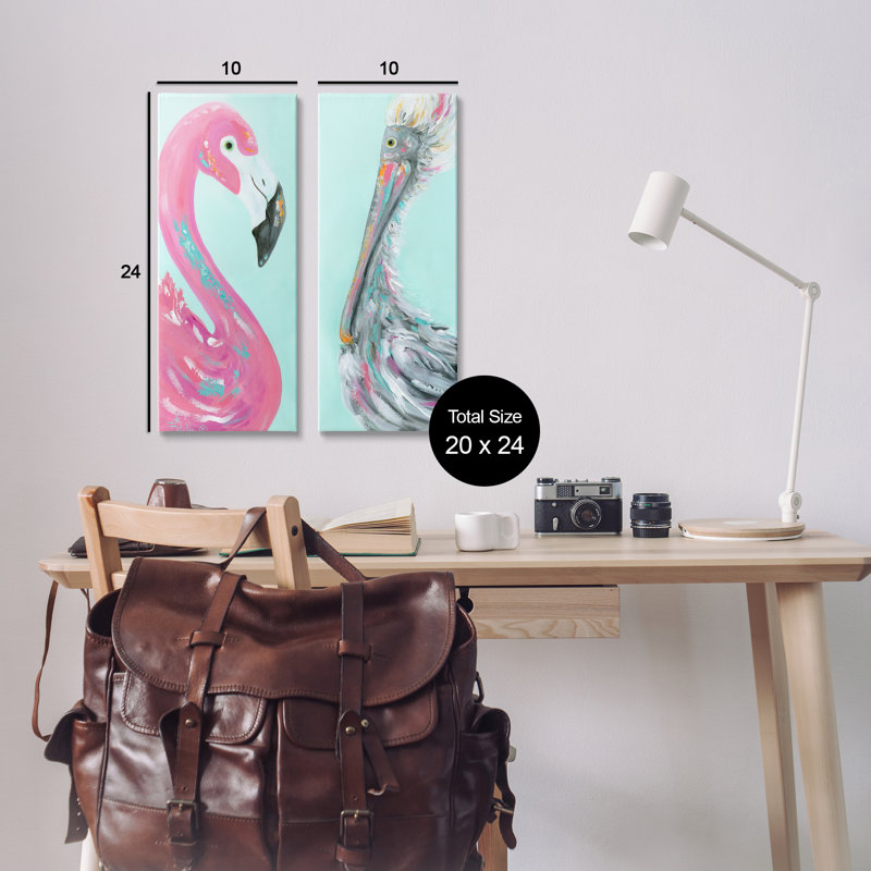 «Odd Flamingo Pelican Profile», ensemble de 2 toiles d'art par Estelle Grengs, H 24 po x l 10 po