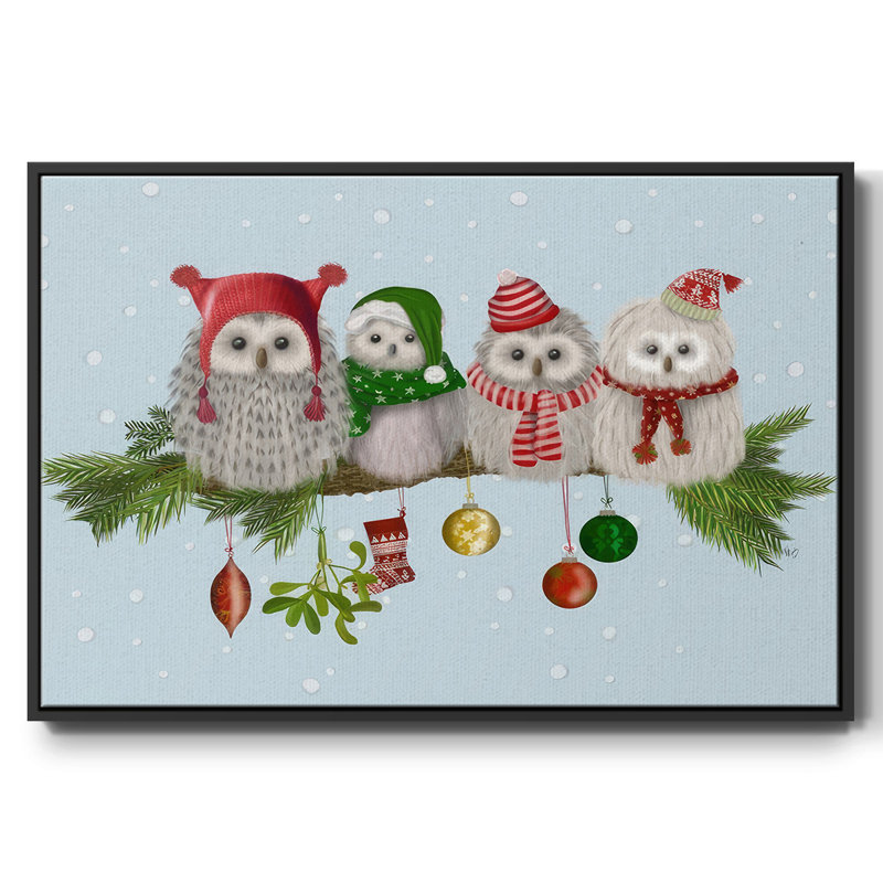 «Christmas Fluffy Christmas Owls On Branch», reproduction sur toile, Cadre noir, H 17 po x l 25 po x P 1,5 po