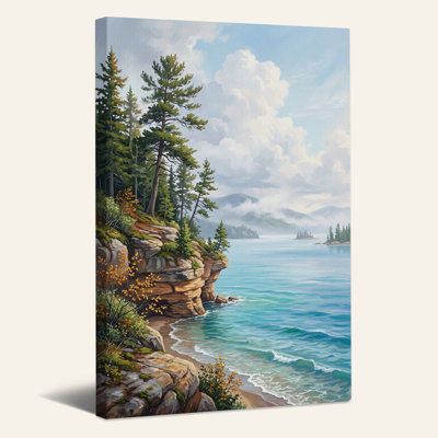 Art mural sur toile Rocky Cliff avec grands pins et eau bleue