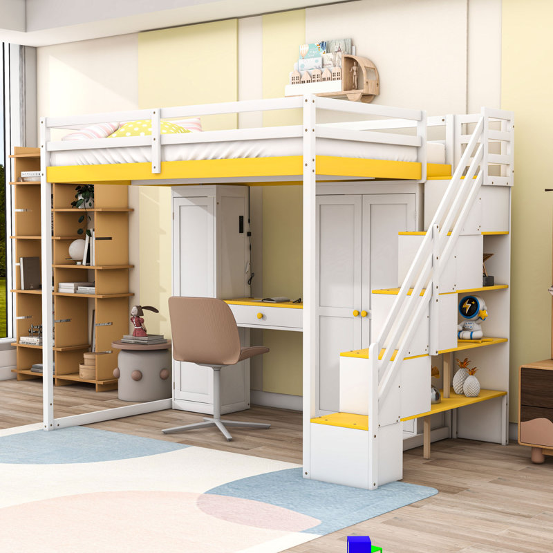 Lit mezzanine double avec rangement pour escalier et port USB intégré, caractéristiques DEL, Blanc / jaune