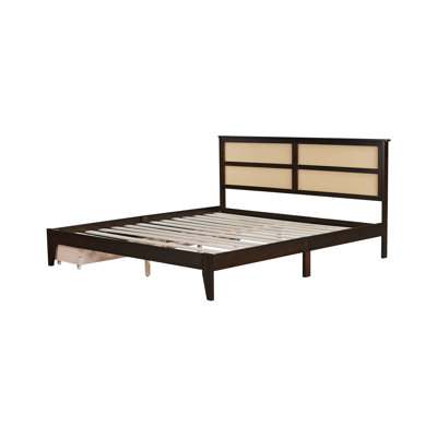King Size Bed With Rattan Headboard, Two Storage Drawers, Rubber Wood Bed With Enhanced Support Salts And Feet,White Oak -  Bay Isle Home™, D197190D4D904271ABD0CFDB4FA9A14D