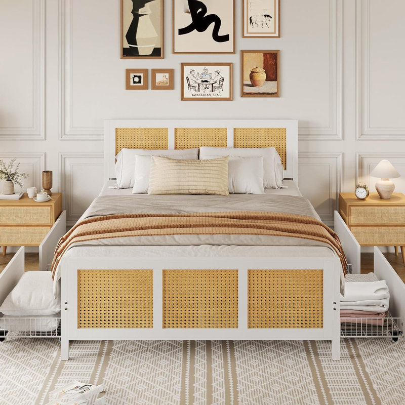 Structure de lit en rotin avec tête de lit et 4 tiroirs - lit plateforme très grand / grand / double Boho, lumières DEL, capacité de 800 lb, sans sommier - blanc / noir