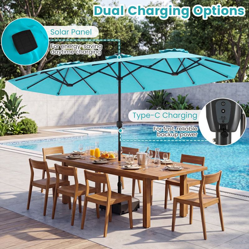 Parasol de patio à double face avec manivelle solaire à DEL changeant de couleur turquoise, Blue