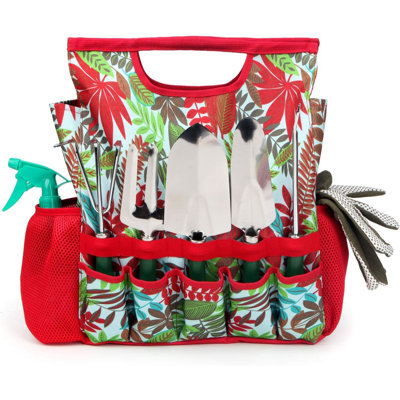 Ensemble d'outils de jardin 9 pièces avec gants et sac fourre-tout floral - Ensemble d'outils de jardinage à main avec sac de rangement, cadeaux pour femmes