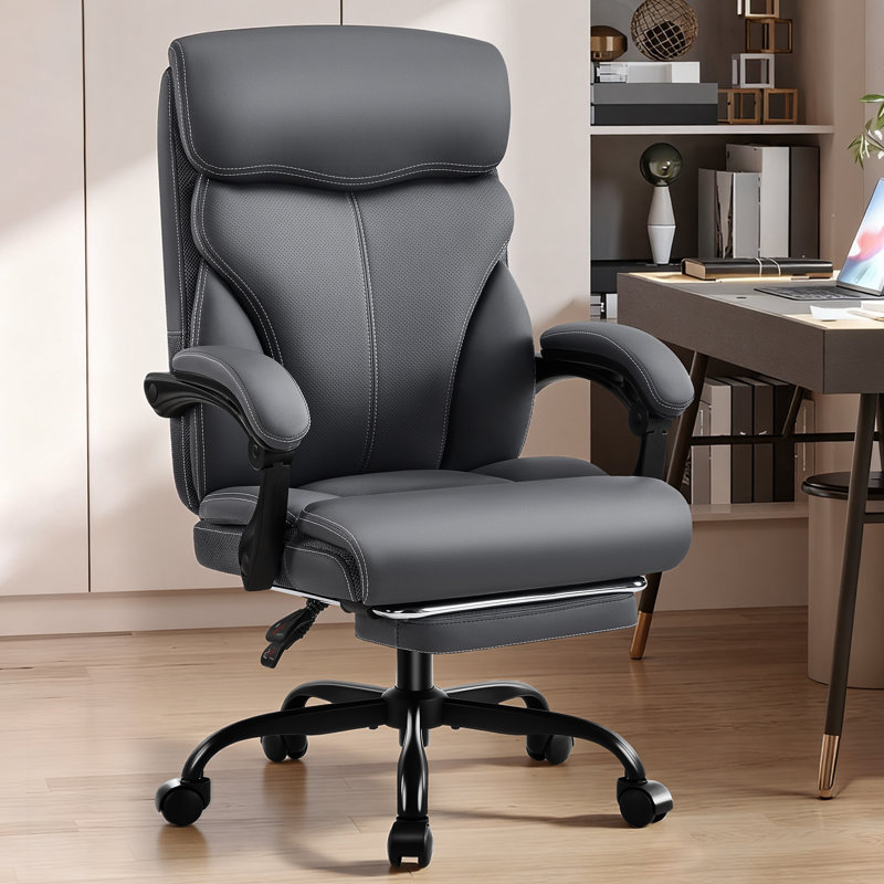 Ergonomic Office Chair with Footrest, High-Back Desk Chair with Lumbar Support and Flip-Up Arms, PU Leather Swivel Computer Task Chair for Home Office, Adjustable Rolling Chair - Gray