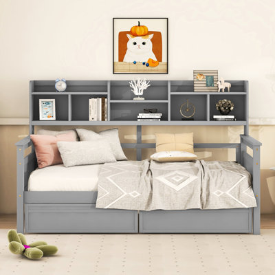 Lit de jour simple gris avec support en lattes de bois - rangement supplémentaire, lit de jour de taille polyvalente, base solide, tablettes de chevet et tiroirs pour plus de commodité