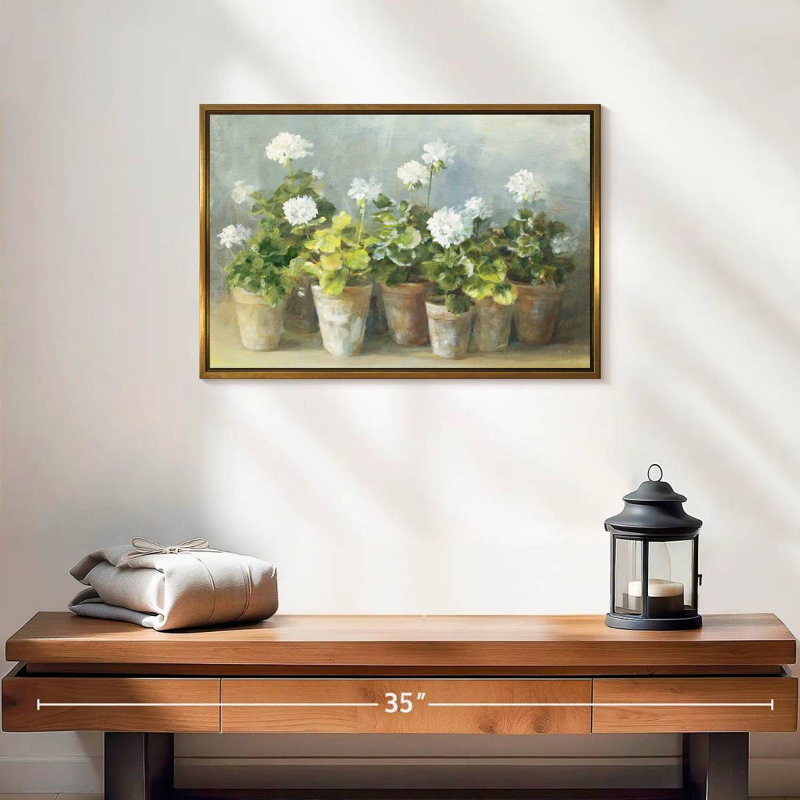 White Geraniums Crop, 19" X 13", Floating Frame Gold