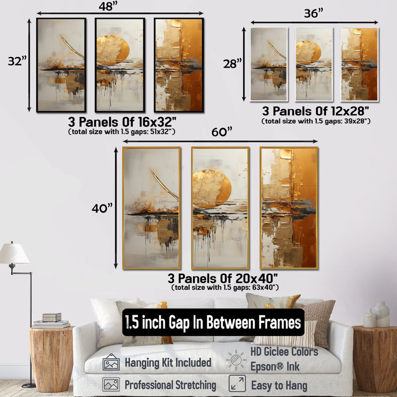 Or et beige Renaissance Rhythms - Formes abstraites, art mural sur toile, Cadre flottant noir, H 40 po x l 60 po x P 1 po