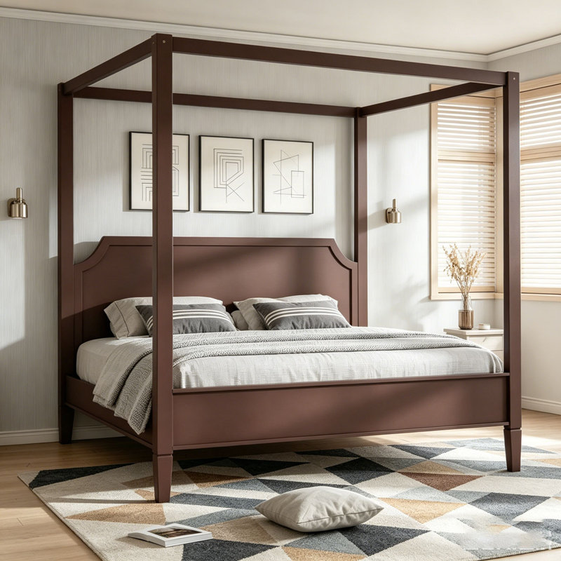 Lit plateforme à baldaquin en bois avec tête de lit, Noyer, Grand lit
